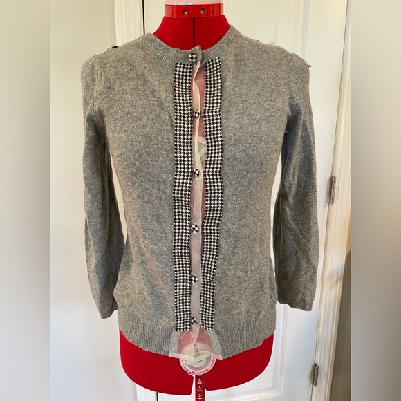 Anthropologie Gray Wool Cashmere Houndstooth Trimmed Cardigan - Picture 2 of 11